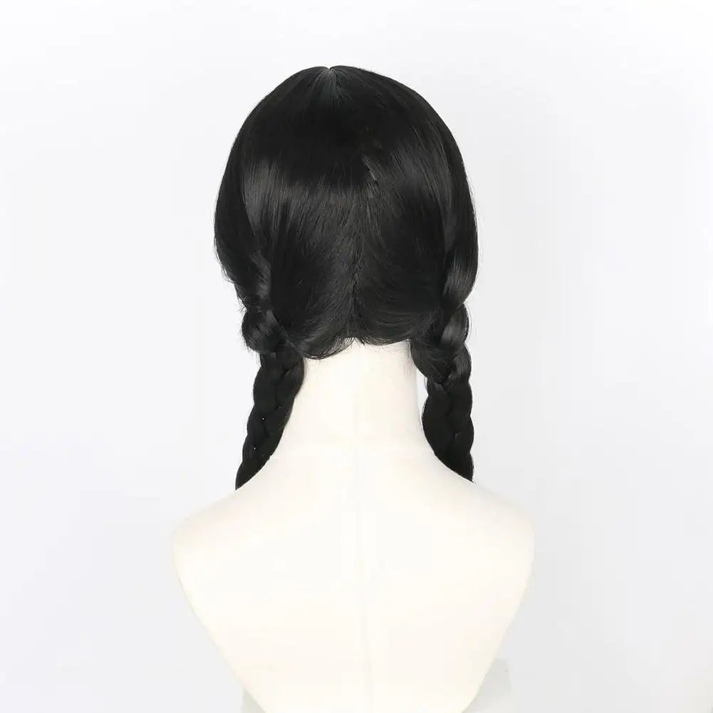 Wednesday Long Black Braids Middle Parted Wig, Pigtails for Party Costume Halloween  Women Cosplay Party with Cap