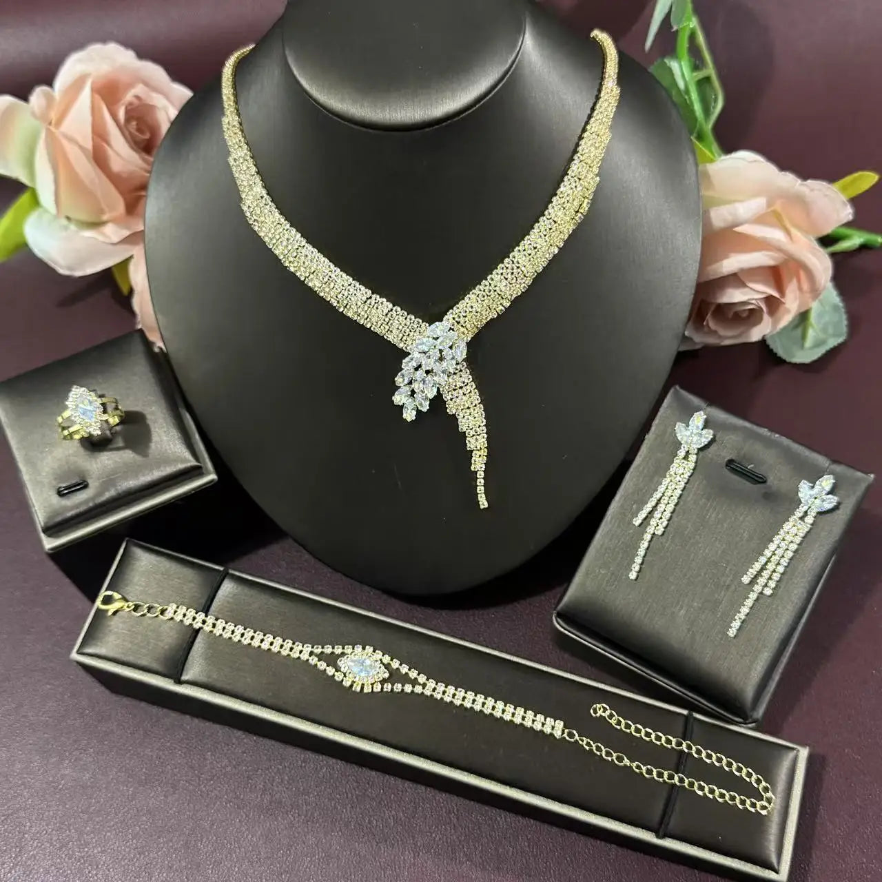European and American 5-piece necklace set, earring bracelet, ring jewelry set, banquet dress jewelry set