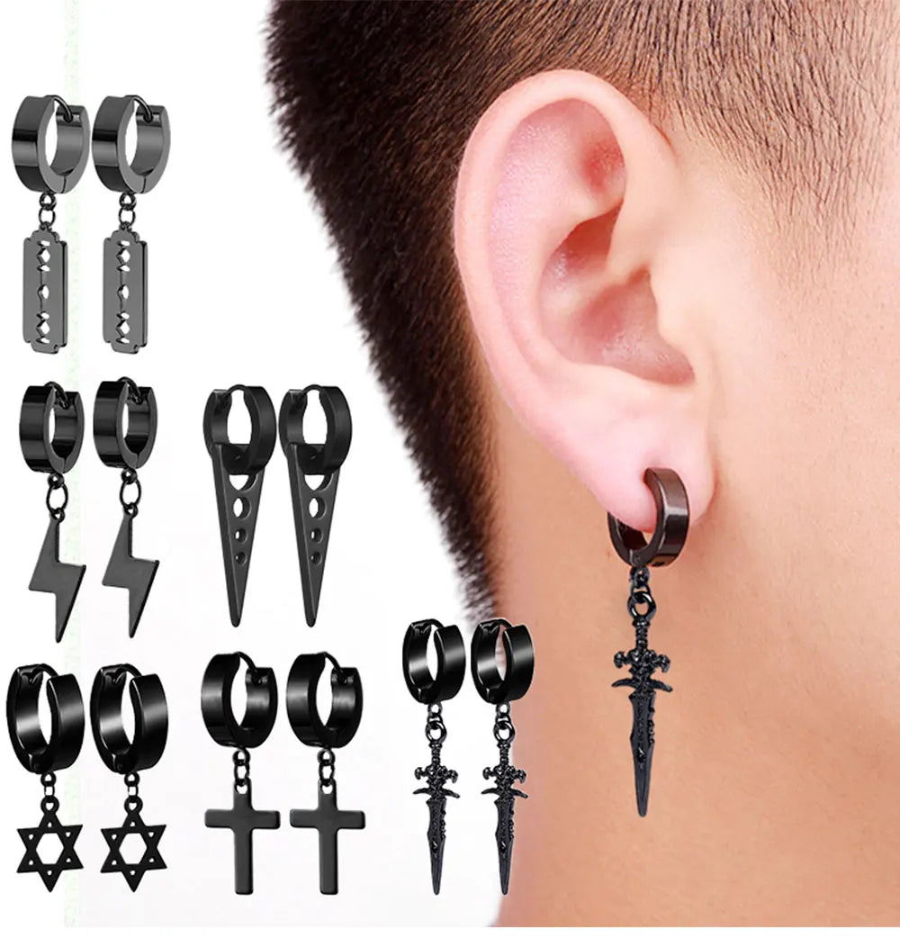 6 Pairs of Black Earrings Set Stainless Steel Pendant  Earring Set Men's Stud Earrings Men and Women Jewelry Ear Piercing Set