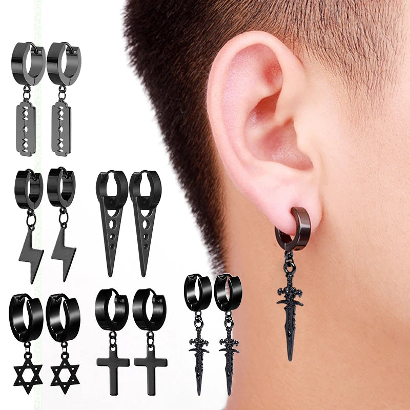 6 Pairs of Black Earrings Set Stainless Steel Pendant  Earring Set Men's Stud Earrings Men and Women Jewelry Ear Piercing Set