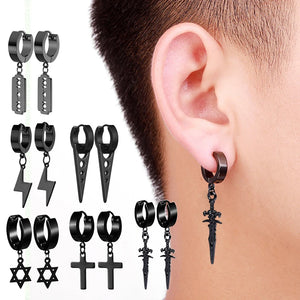 6 Pairs of Black Earrings Set Stainless Steel Pendant  Earring Set Men's Stud Earrings Men and Women Jewelry Ear Piercing Set