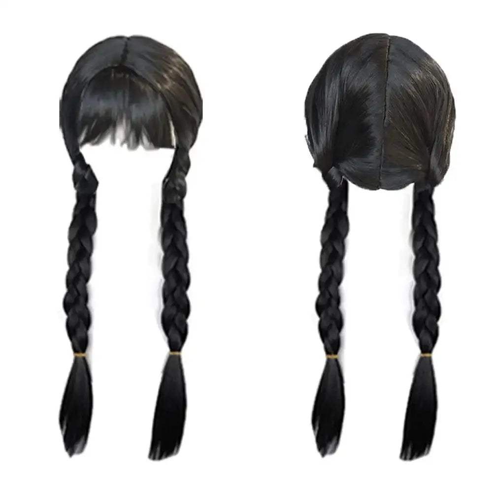 Wednesday Long Black Braids Middle Parted Wig, Pigtails for Party Costume Halloween  Women Cosplay Party with Cap