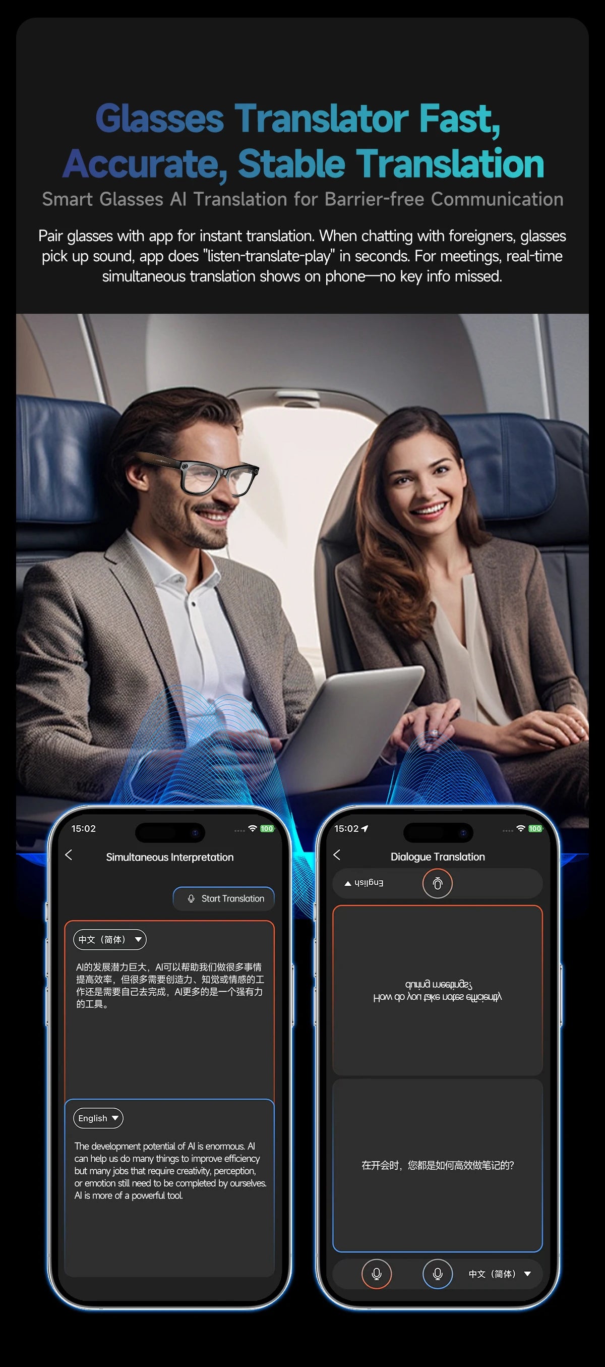 Fashion 8 Million Pixels SmartGlasses Recording Videos AI Photo Recognition Translation 270mAh IP65 Waterproof Bluetooth Glasses