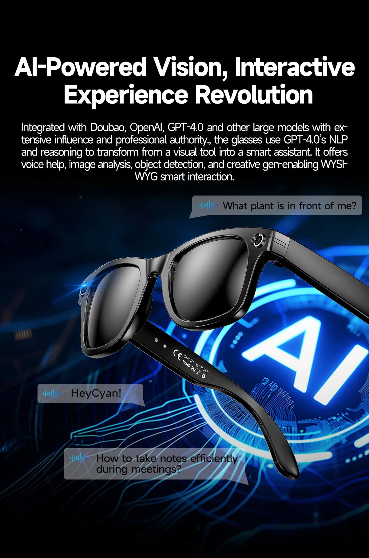 Fashion 8 Million Pixels SmartGlasses Recording Videos AI Photo Recognition Translation 270mAh IP65 Waterproof Bluetooth Glasses
