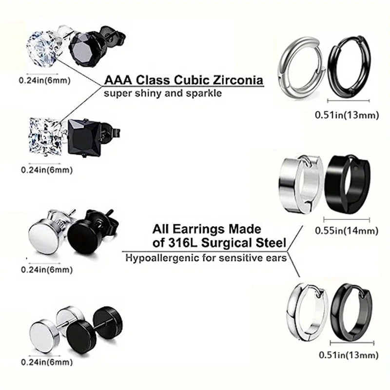 4-14 Pairs Earrings For Men, Black Earrings Mens Earrings, Stainless Steel Stud Earrings For Women Huggie Hoop Earrings Set