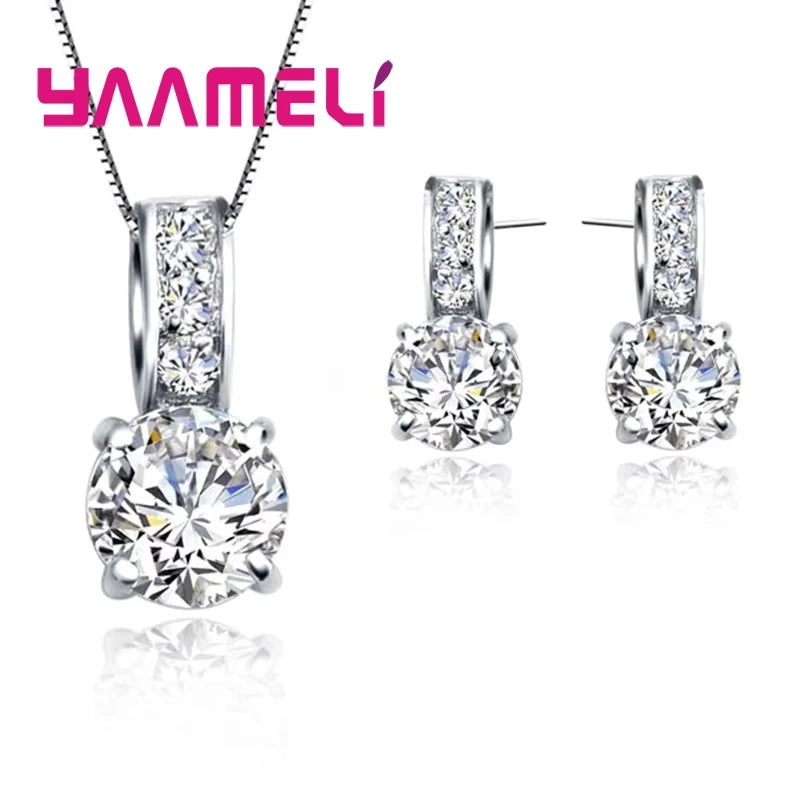 925 Sterling Silver Color Bridal Jewelry Set Classic Cubic Zircon Crystal Pendant  Necklace Stud Earrings for Women Girls Gift