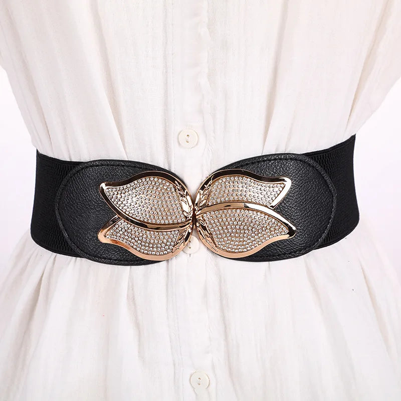 Beautiful Belts for Woman Beautiful Gold Color Metal Buckle 6cm Width Elastic Band Belt Versatile Tight Belts