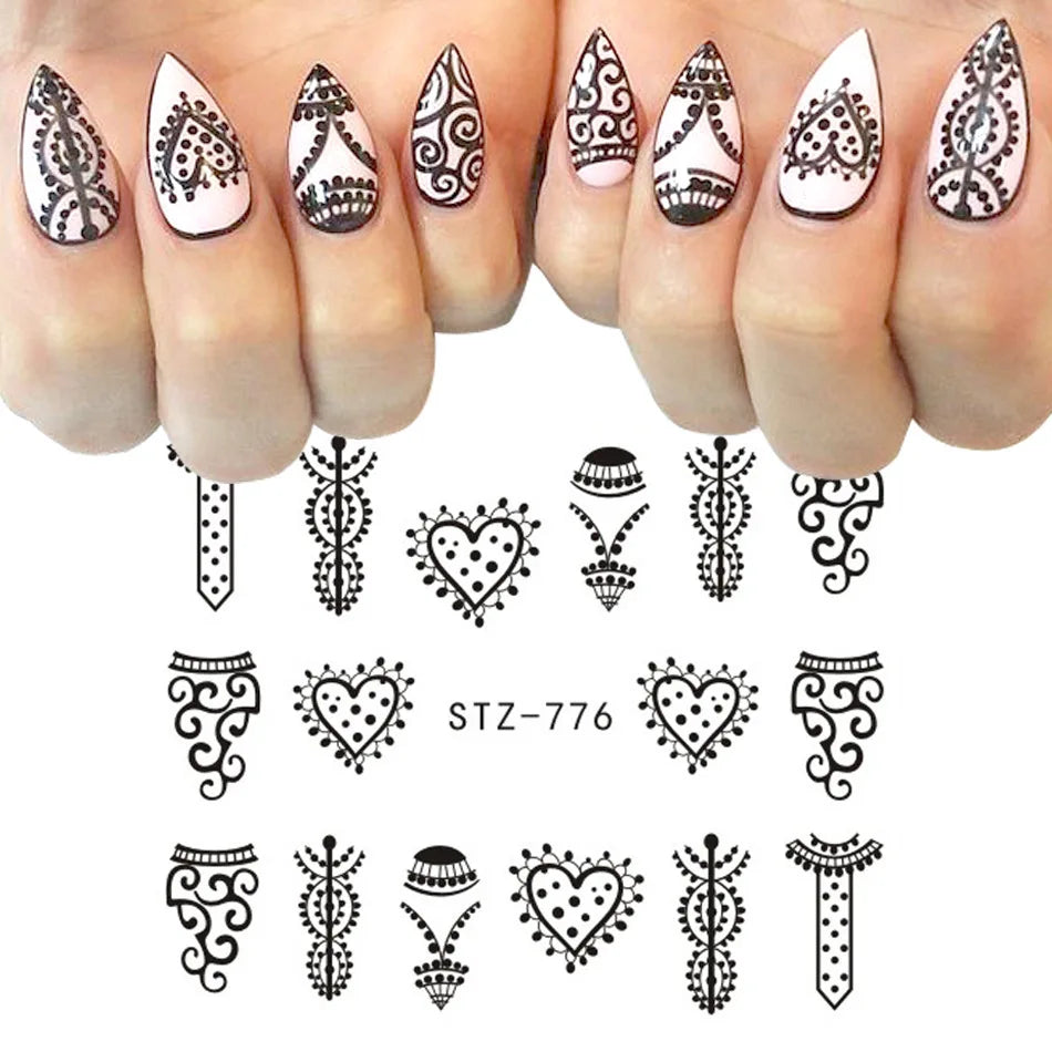 Nails Water Decals Abstract Pattern Nail Stickers Color Block Lines Leaf Flowers Sliders Manicures Foils Tips Black Art  Uñas