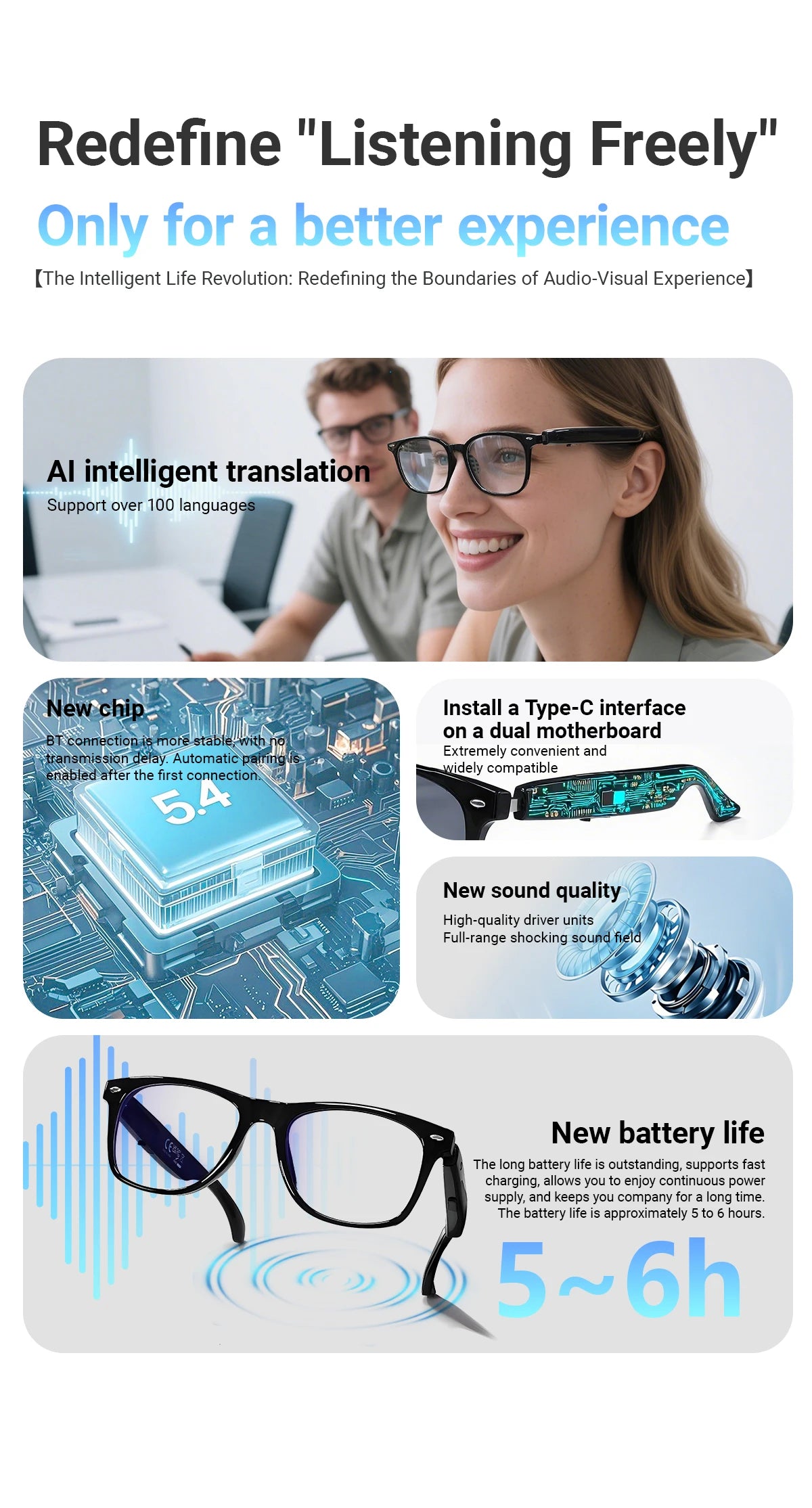 2025 Smart Glasses AI translation 100+ Languages Make Receive Calls Music Calling Noise Reduction Light BT TWS Glasses Men Women