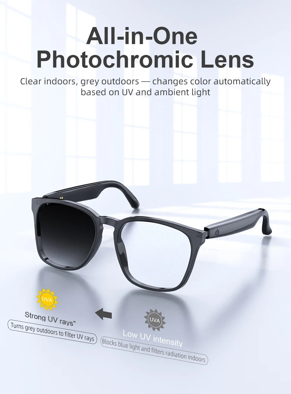 AI translation smart glasses with photochromic properties, Bluetooth for music playback and calls, multi-functional audio for dr