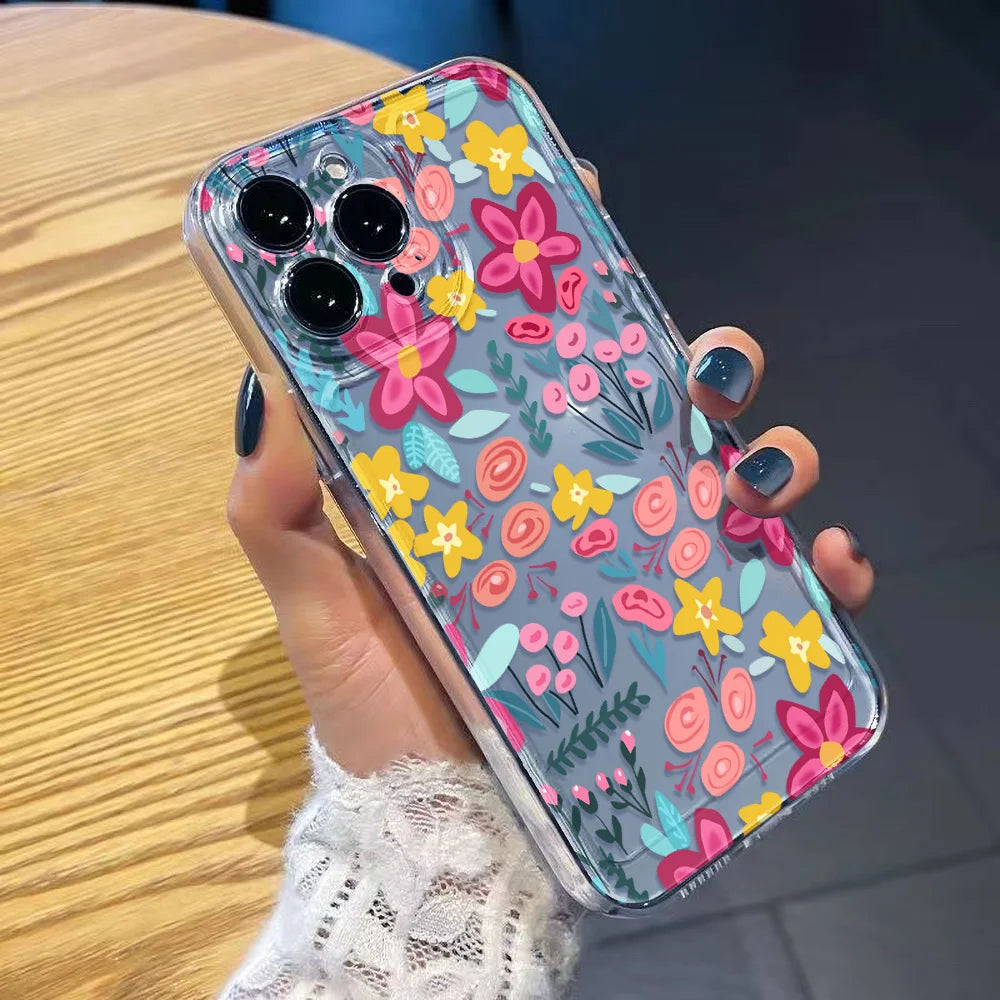 Silicone Flower Phone Case For iPhone 11 Funda iPhone 13 14 15 16 Pro Max 12 XR X XS 7 8 Plus SE 14promax Shockproof Clear Cover