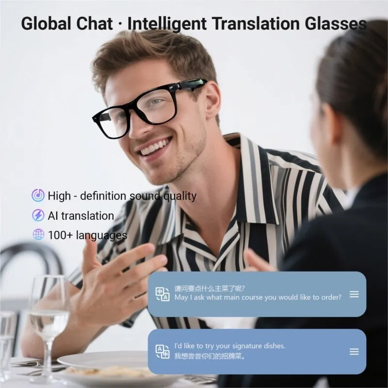 2025 Smart Glasses AI translation 100+ Languages Make Receive Calls Music Calling Noise Reduction Light BT TWS Glasses Men Women
