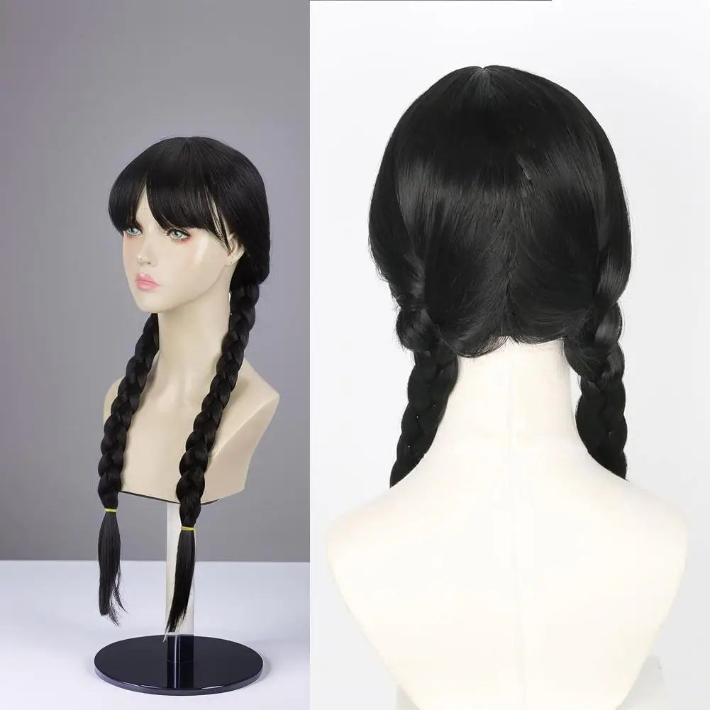 Wednesday Long Black Braids Middle Parted Wig, Pigtails for Party Costume Halloween  Women Cosplay Party with Cap