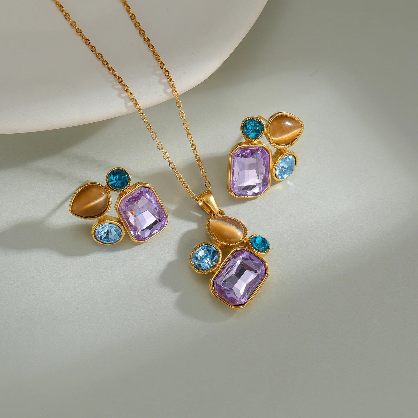 Freeteeme Various Style Necklace Earrings Set for Women Stainless Steel Bow Zircon Pendant Ear Studs Jewelry Set Birthday Gifts