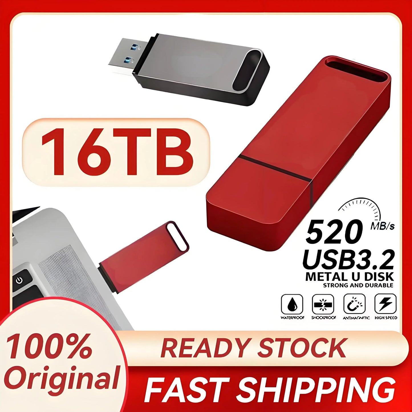 16TB Flash Drive USB 3.2 High Speed Transfer SSD High Capacity Metal Pen Drive Type C Portable Memory Waterproof U Drive