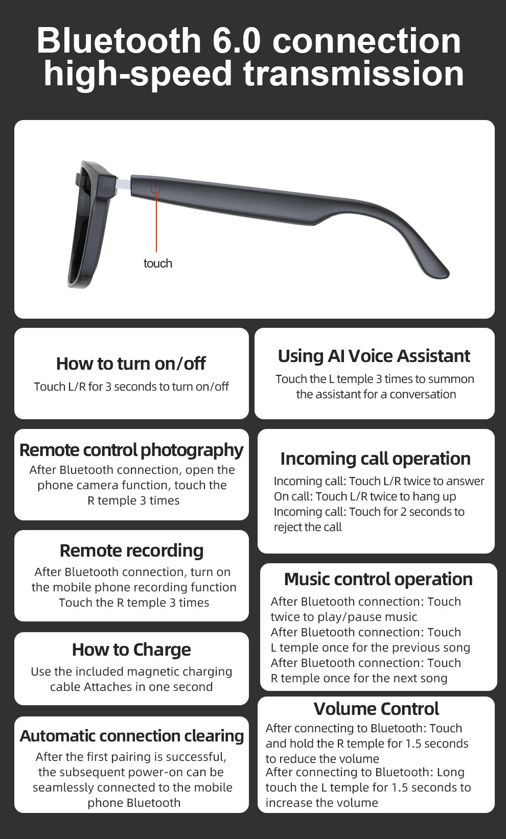AI translation smart glasses with photochromic properties, Bluetooth for music playback and calls, multi-functional audio for dr