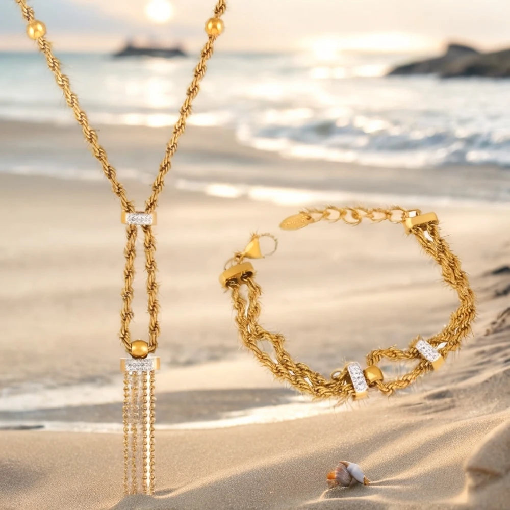 Women's Necklace Bracelet Ring Set Tassel Collarbone Chain Stainless Steel Fashionable and Versatile Jewelry Accessories