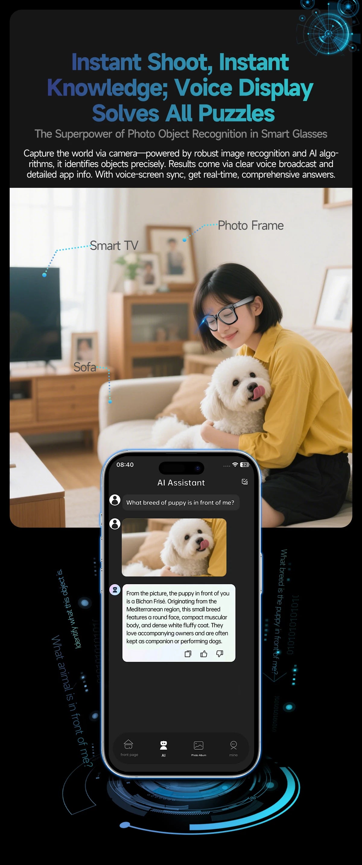 Fashion 8 Million Pixels SmartGlasses Recording Videos AI Photo Recognition Translation 270mAh IP65 Waterproof Bluetooth Glasses