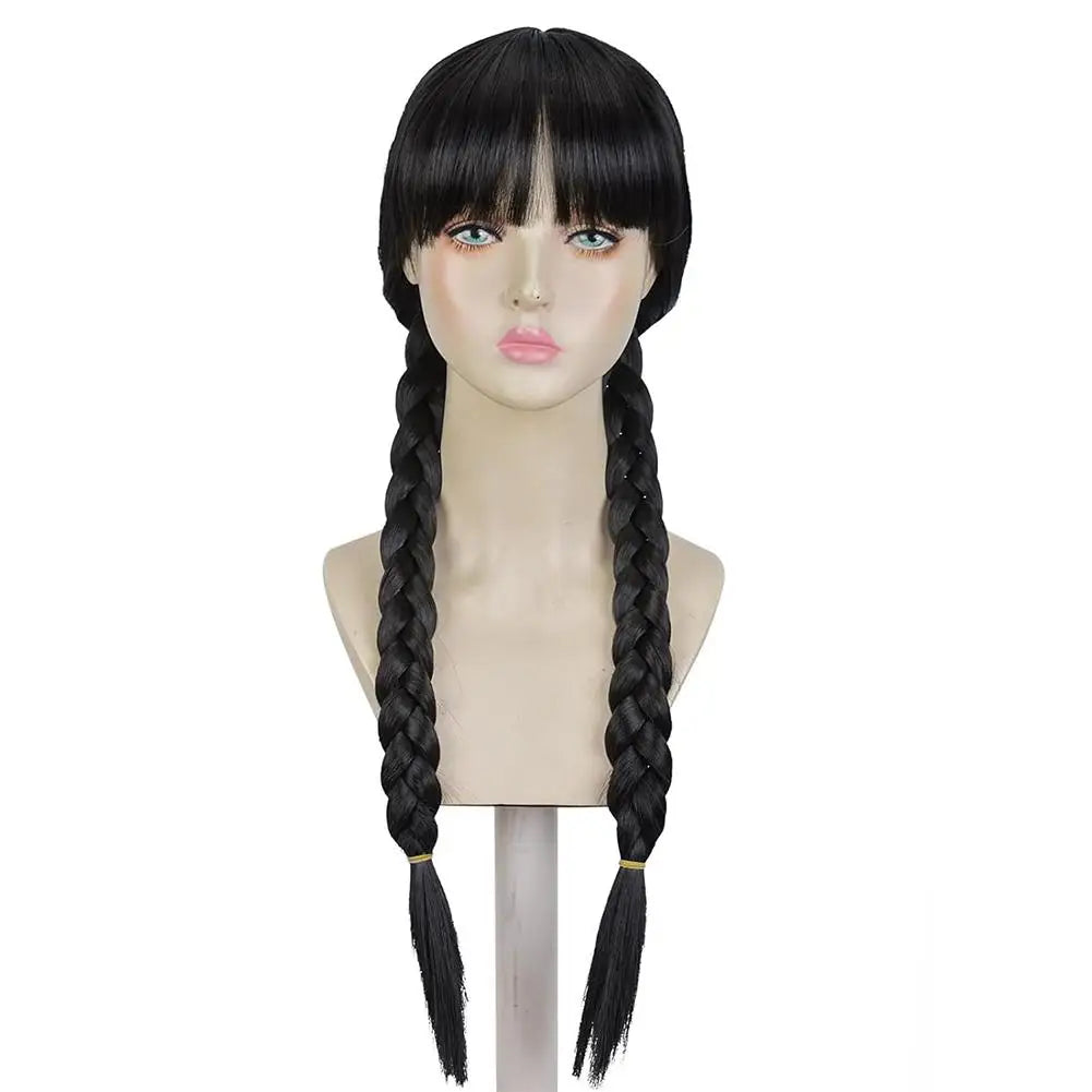 Wednesday Long Black Braids Middle Parted Wig, Pigtails for Party Costume Halloween  Women Cosplay Party with Cap